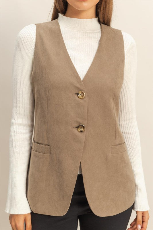 Olive Tailored Long Button Vest