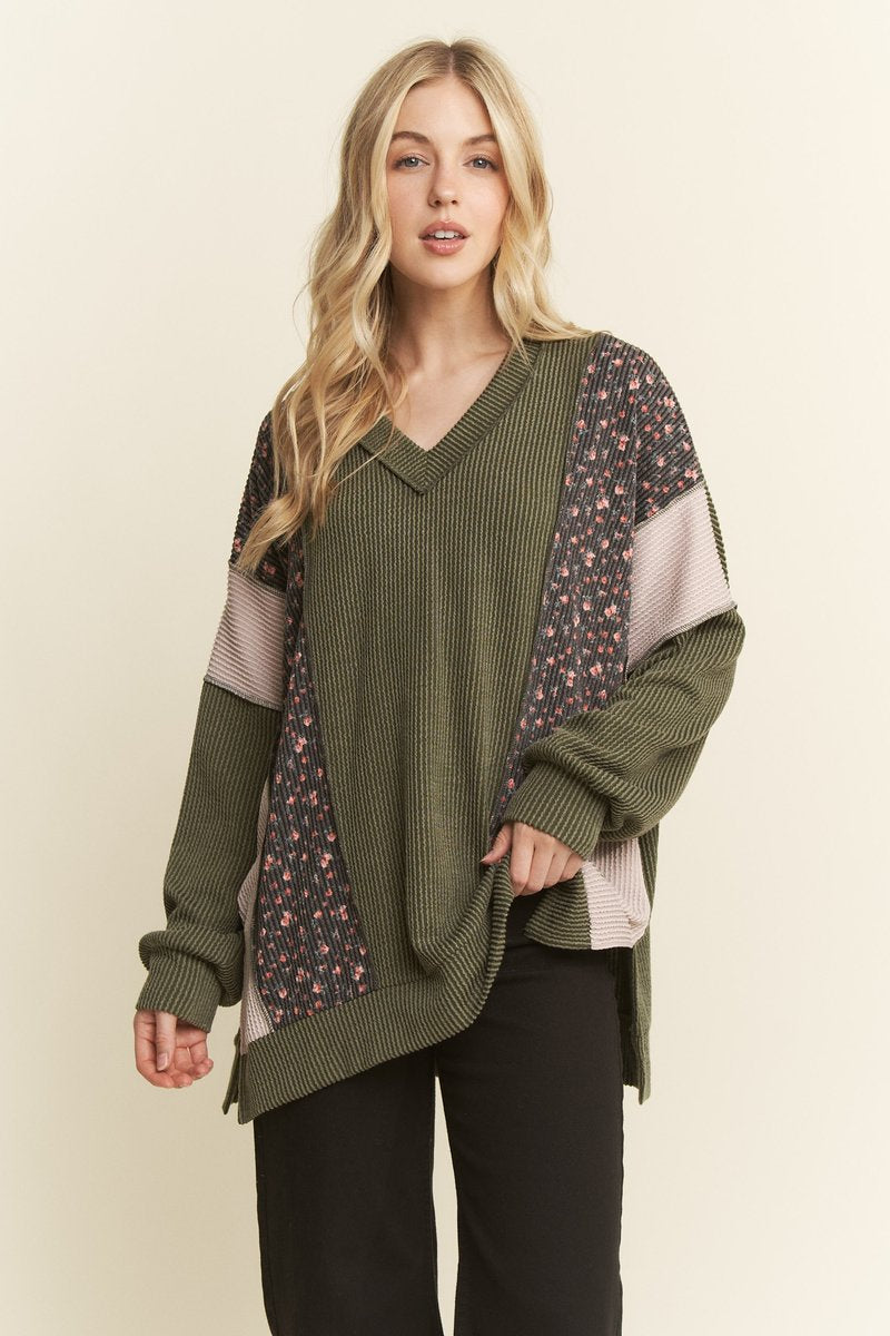 Olive Floral Mixed Ribbed Top