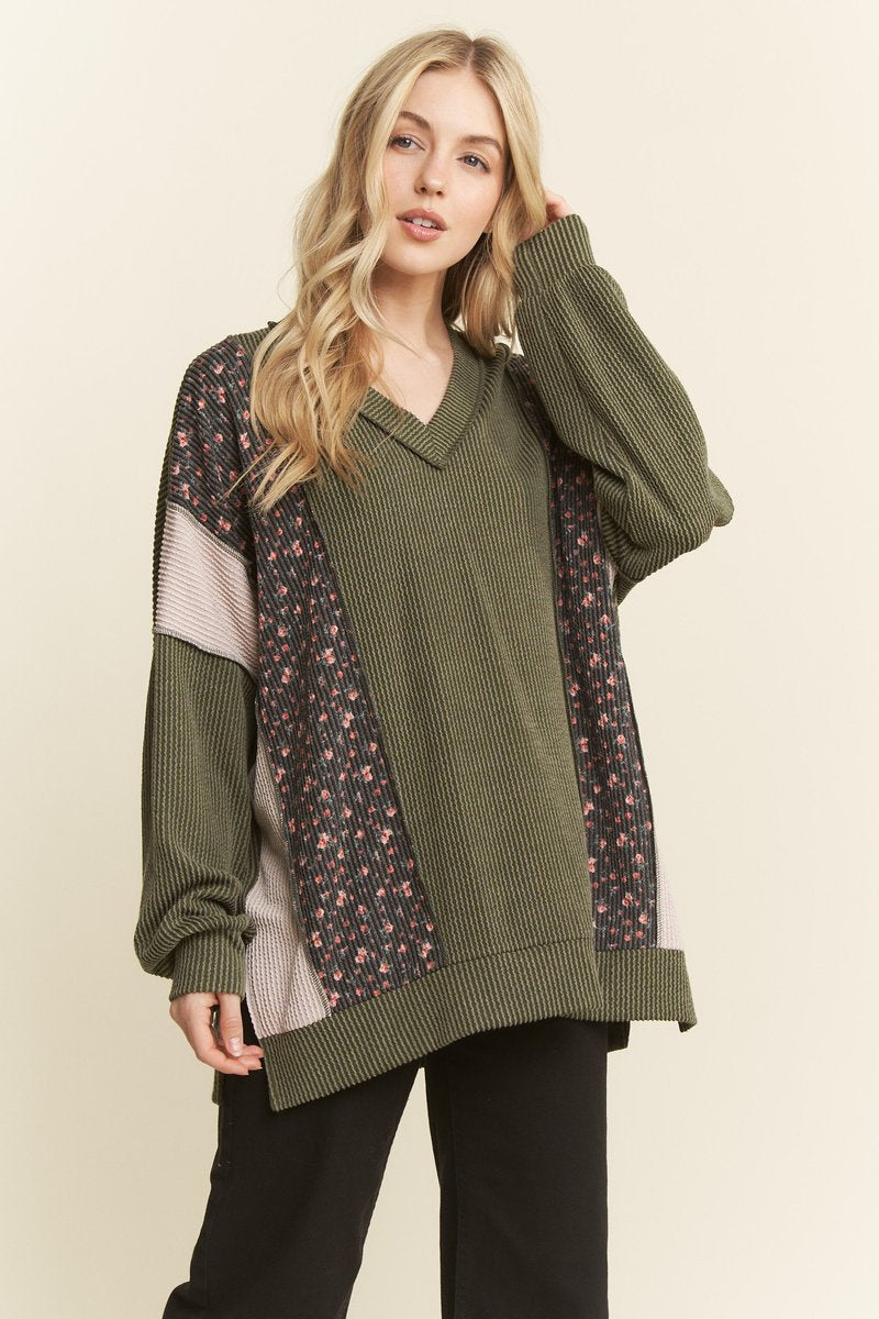 Olive Floral Mixed Ribbed Top