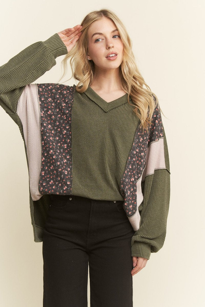 Olive Floral Mixed Ribbed Top