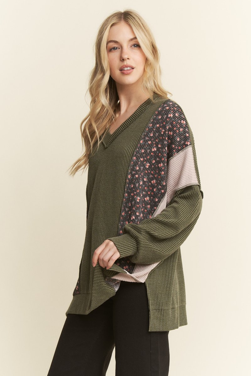 Olive Floral Mixed Ribbed Top
