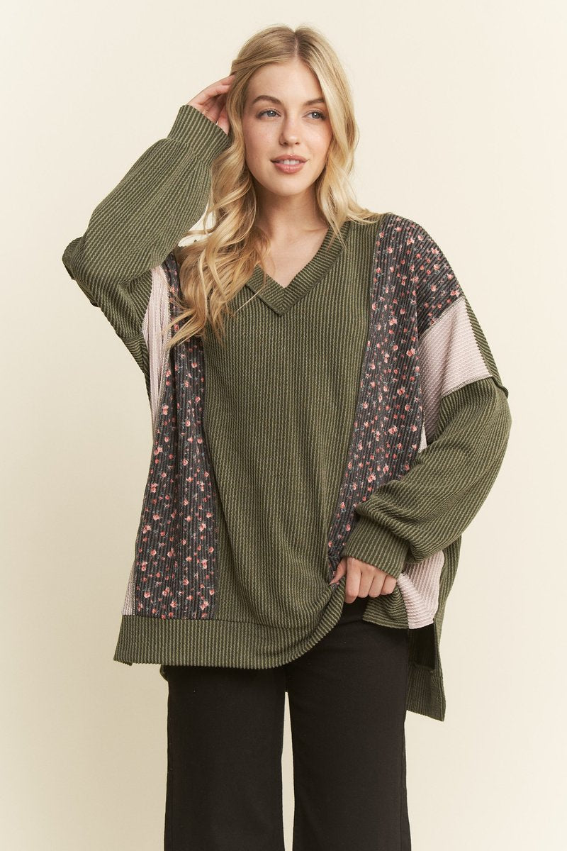 Olive Floral Mixed Ribbed Top