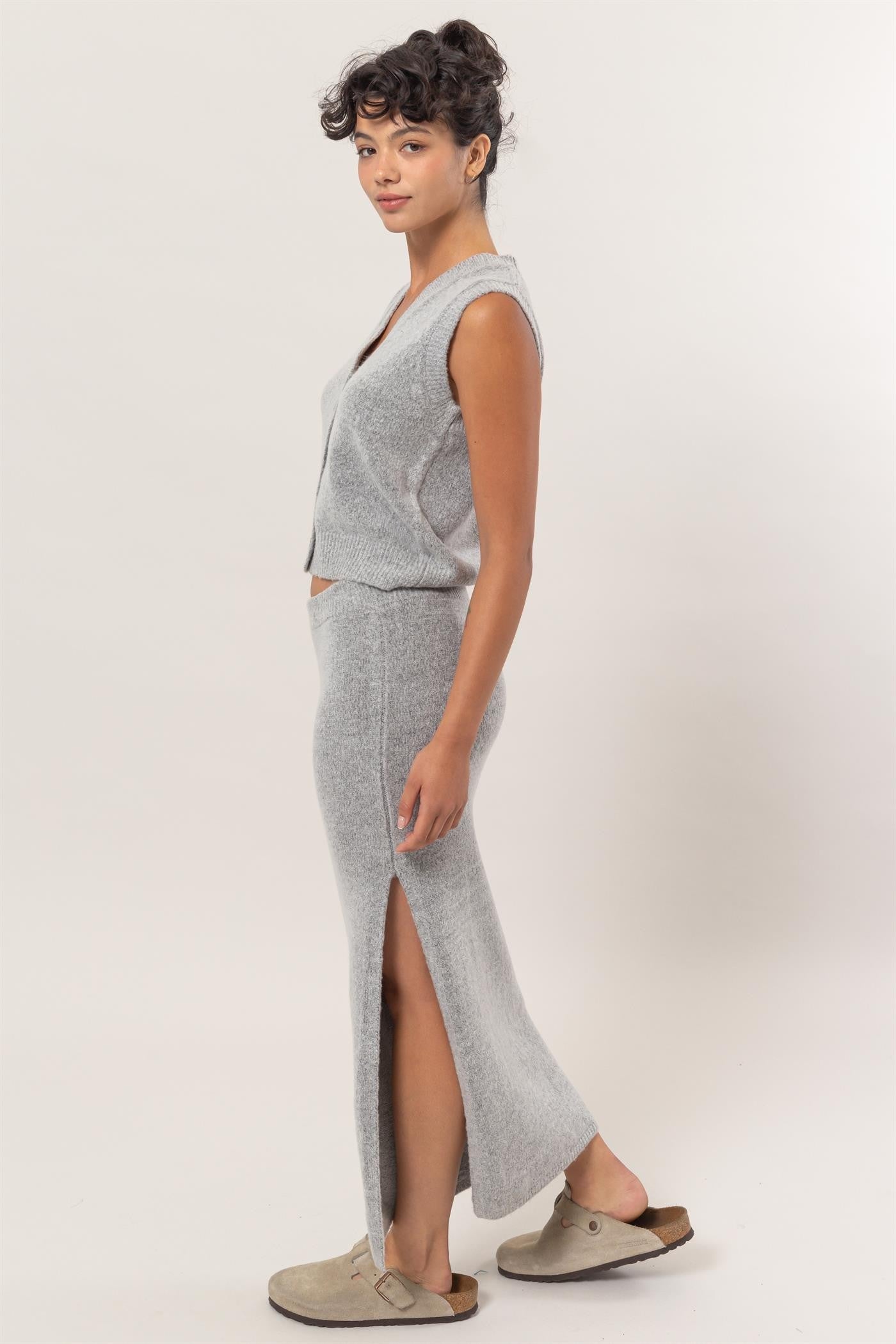 Grey Knit Two Pc Skirt Set