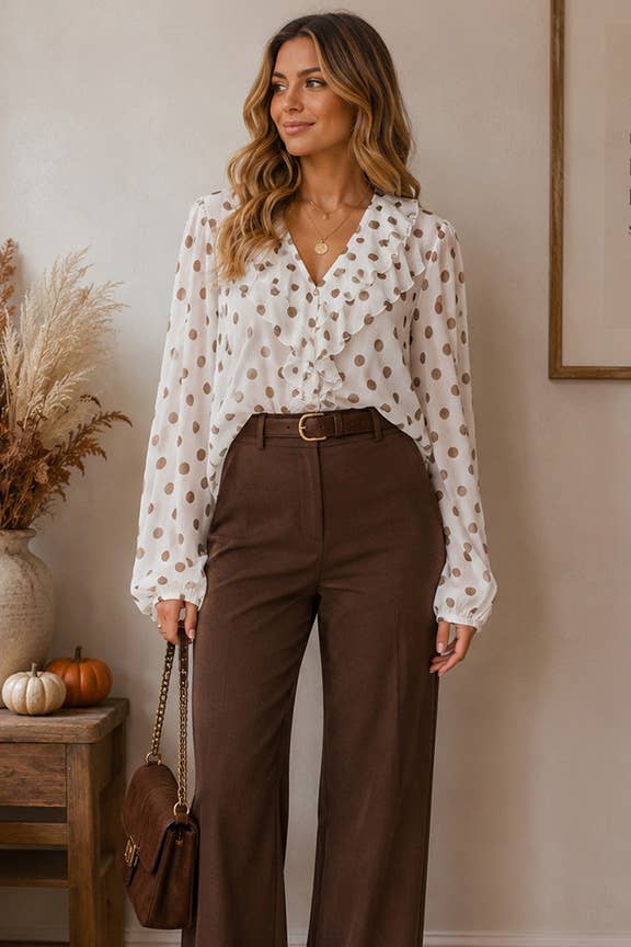 Polka Dot Ruffle Front Blouse