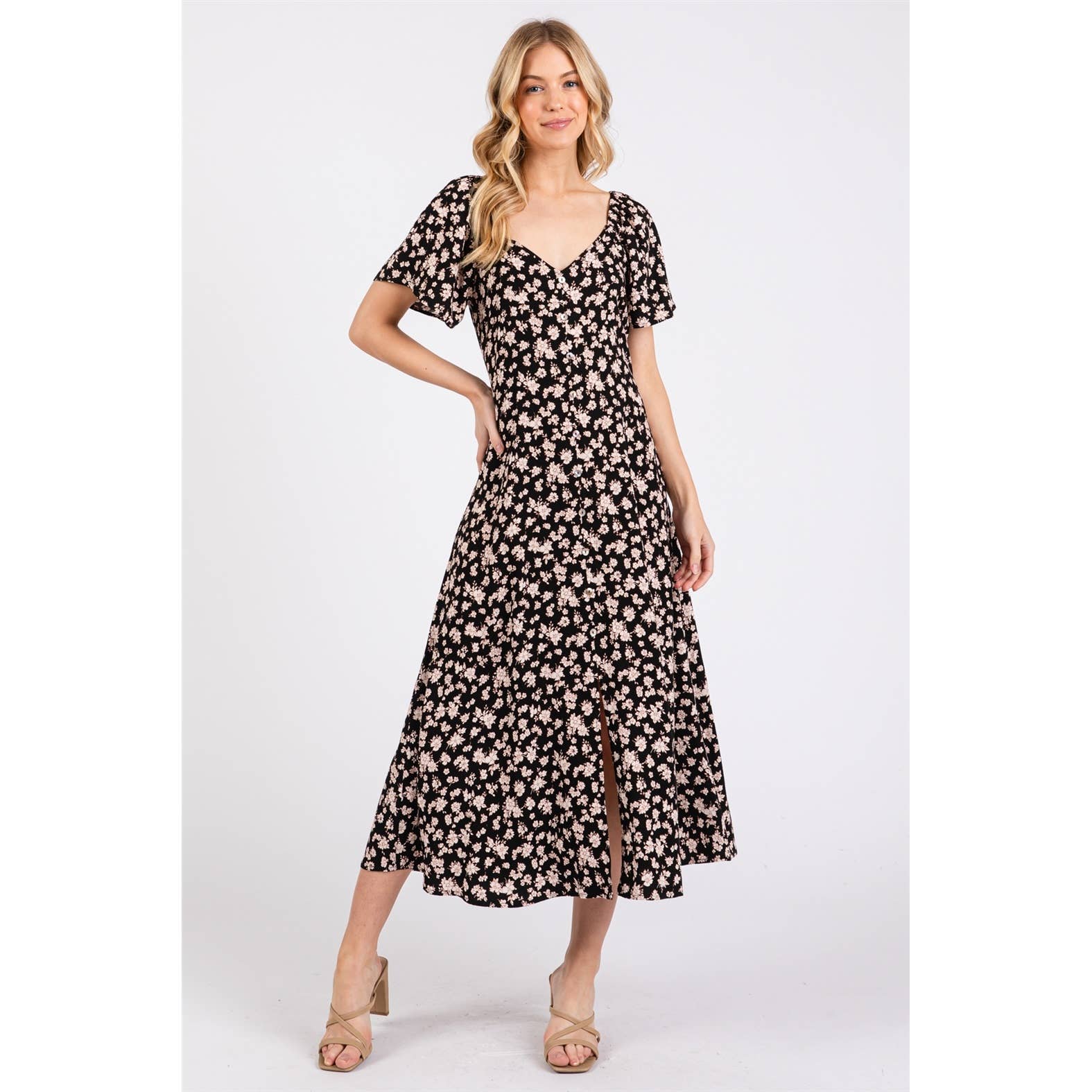 Midnight Floral Sweetheart Midi Dress