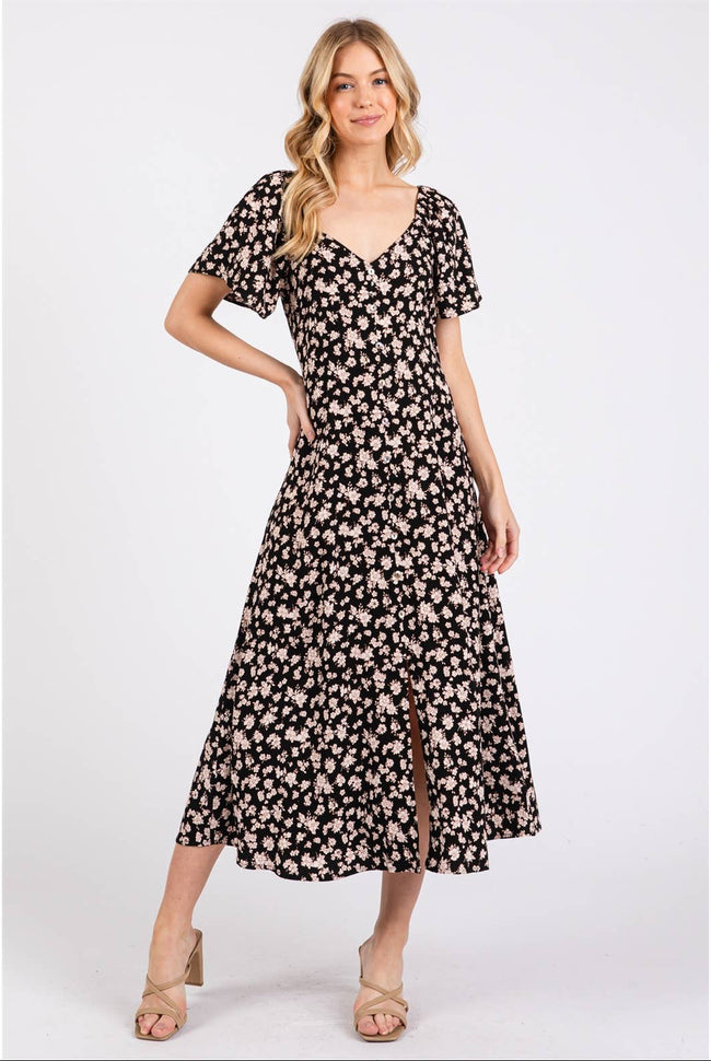 Midnight Floral Sweetheart Midi Dress