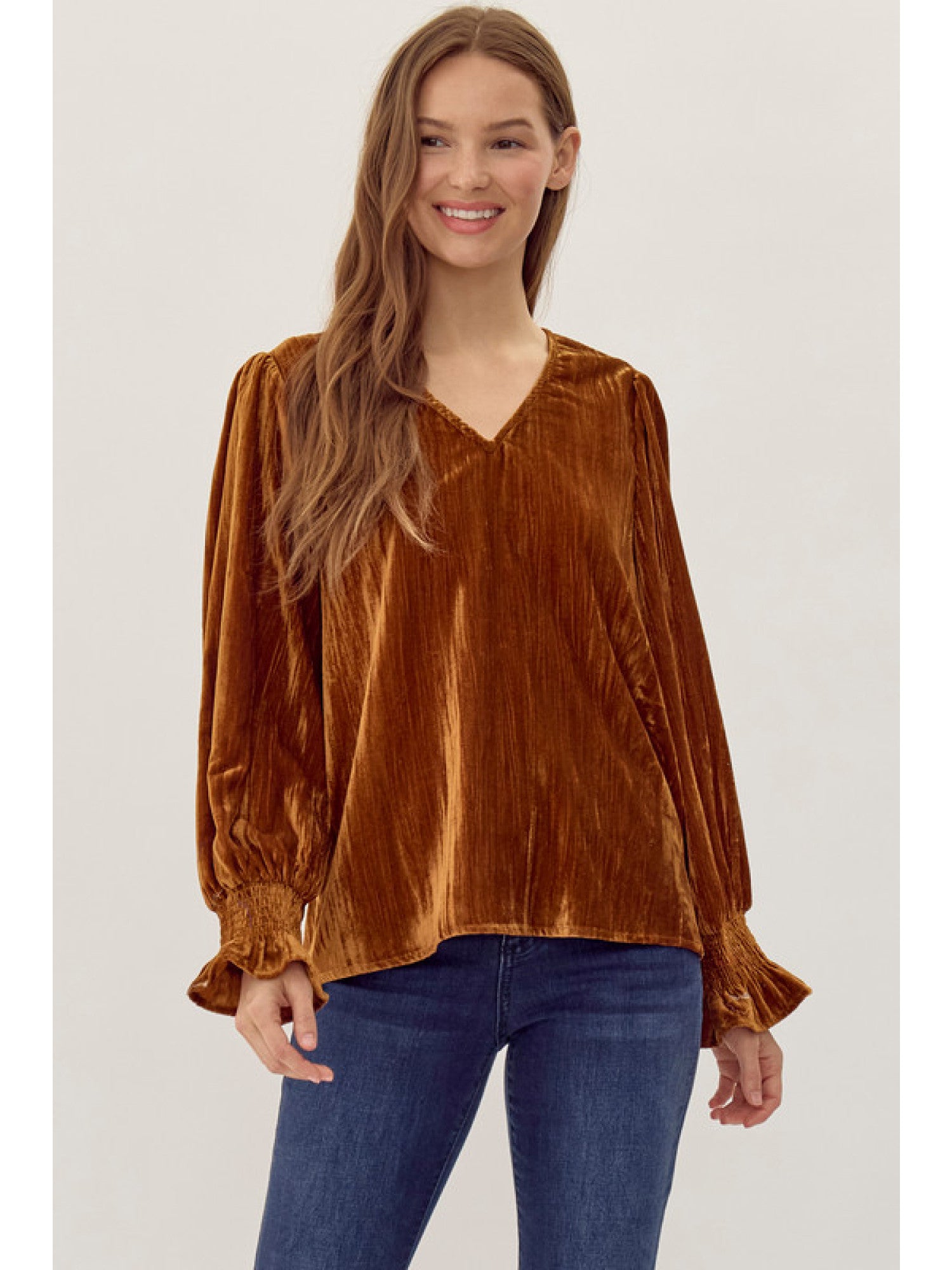 Toffee Velvet V-Neck Blouse