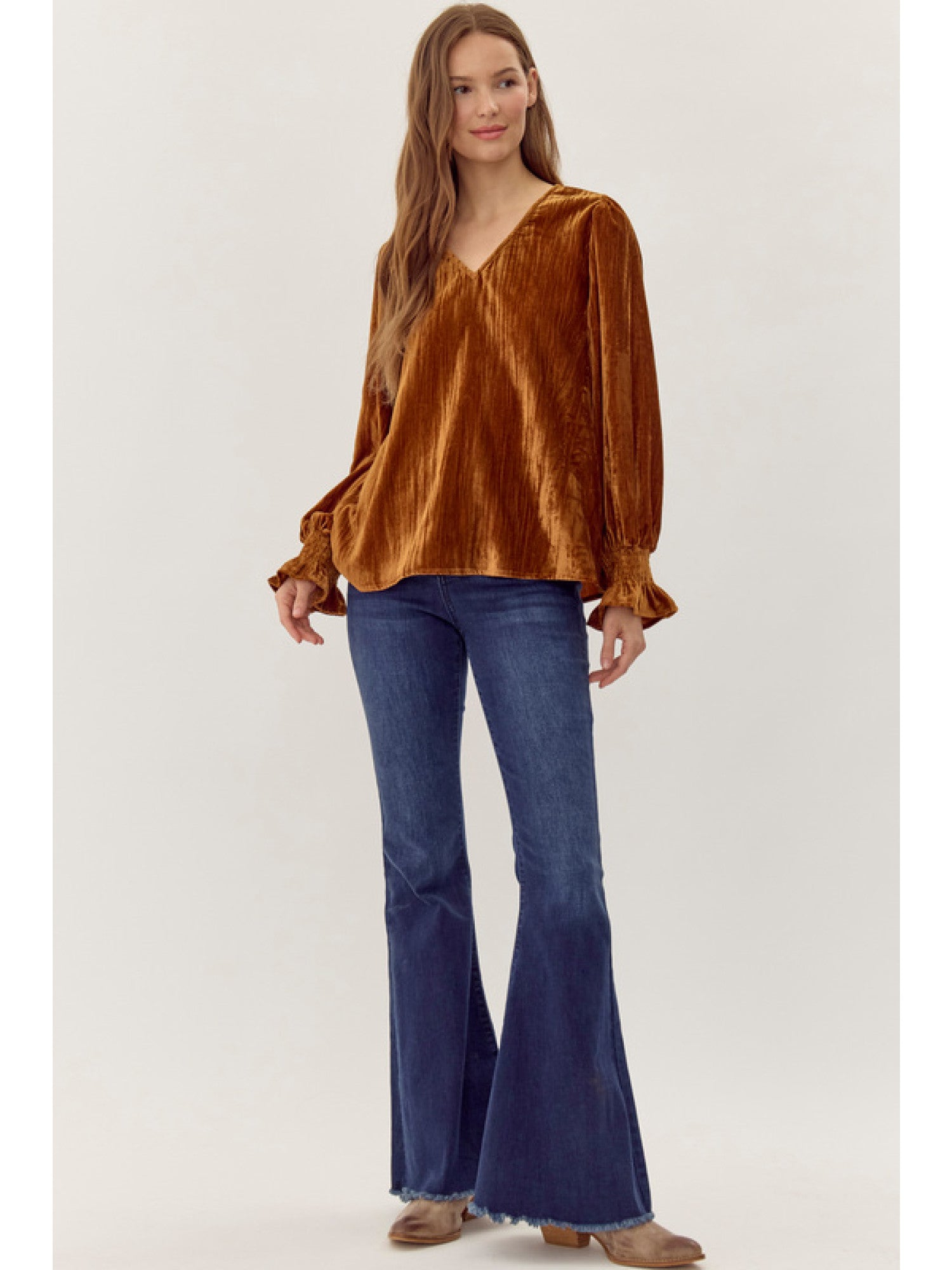 Toffee Velvet V-Neck Blouse