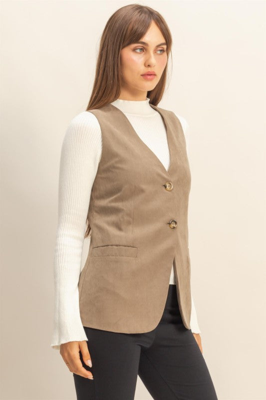 Olive Tailored Long Button Vest