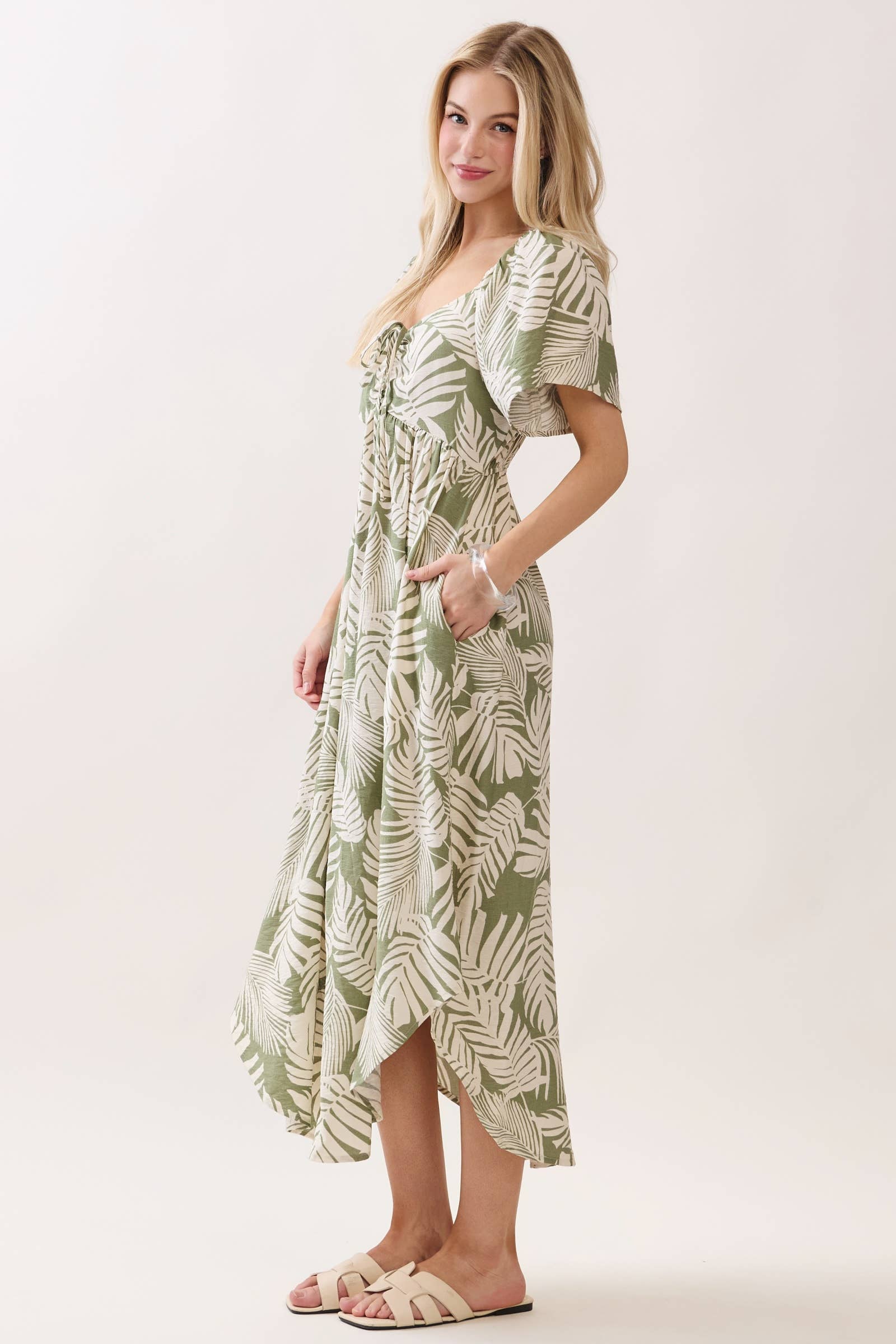 Tropical Leaf Rouched Midi Dress