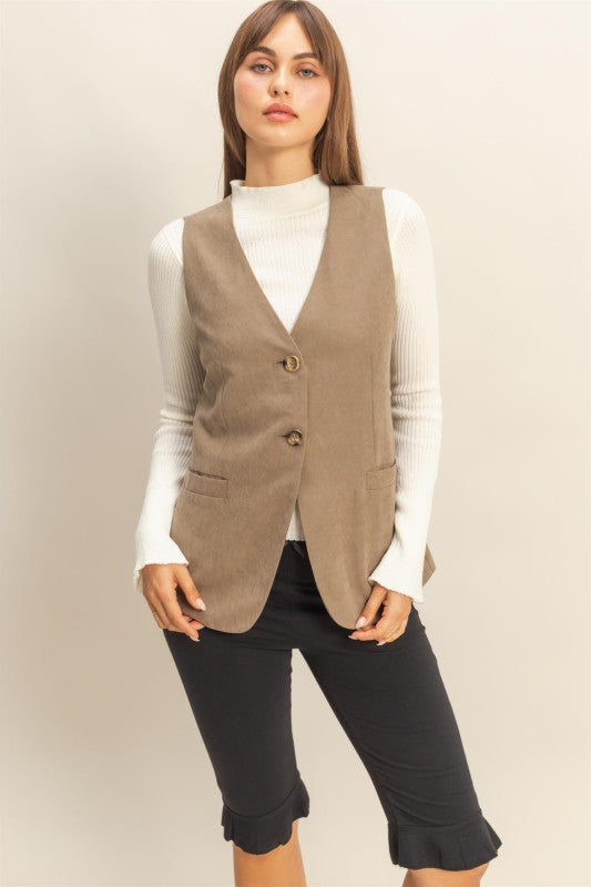 Olive Tailored Long Button Vest