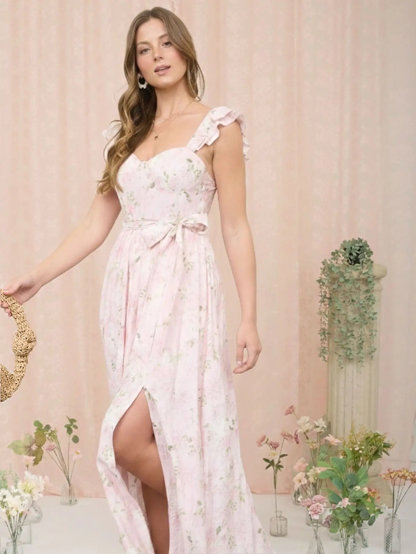 Blush Floral Sweetheart Midi Dress