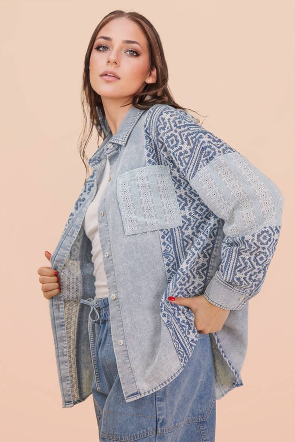 Washed Denim Patchwork Button Up