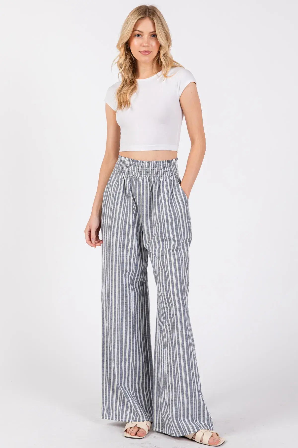 Linen Navy Stripe Wide Leg Pants