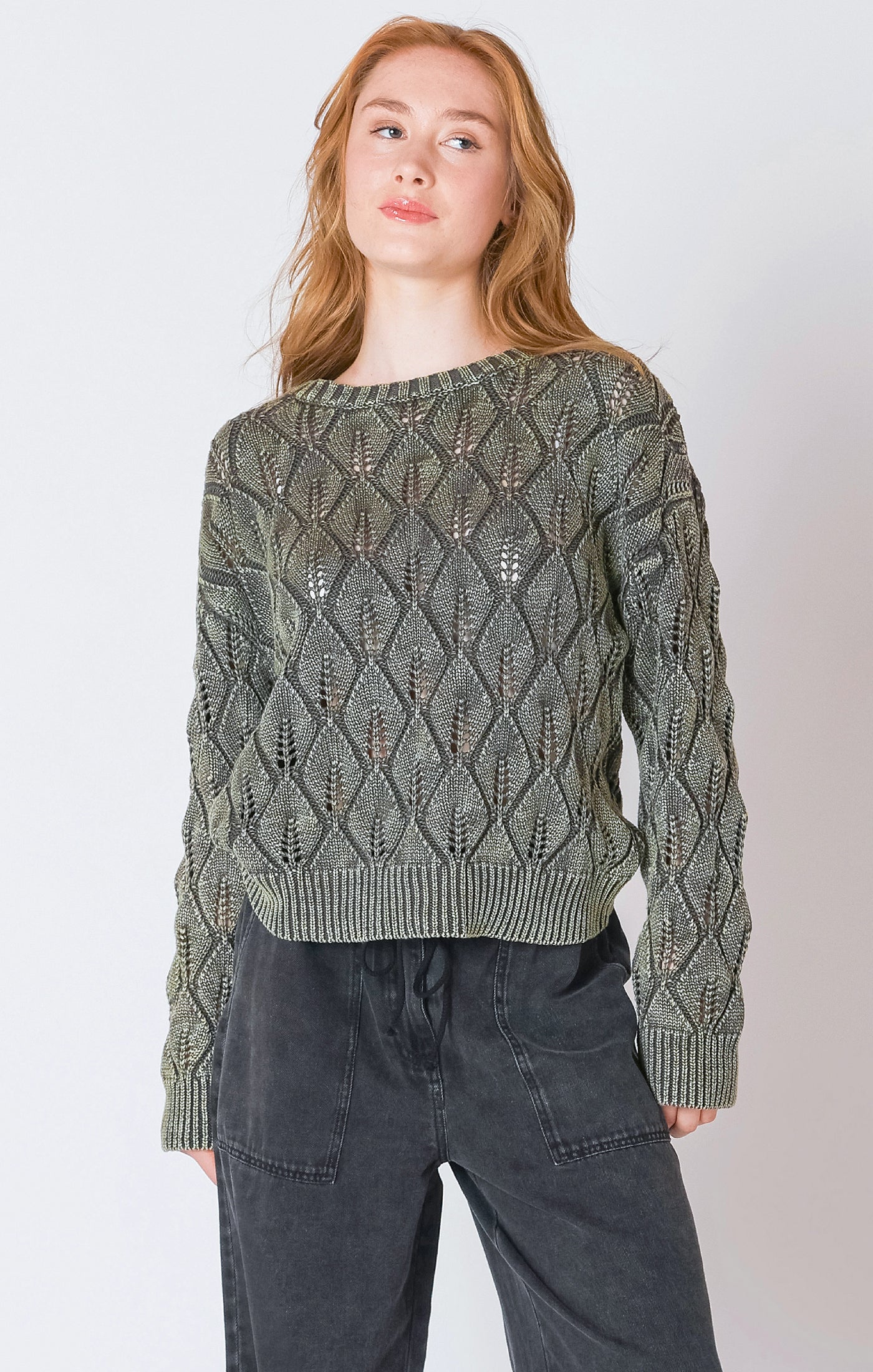 Washed Olive Leaf Knit Sweater