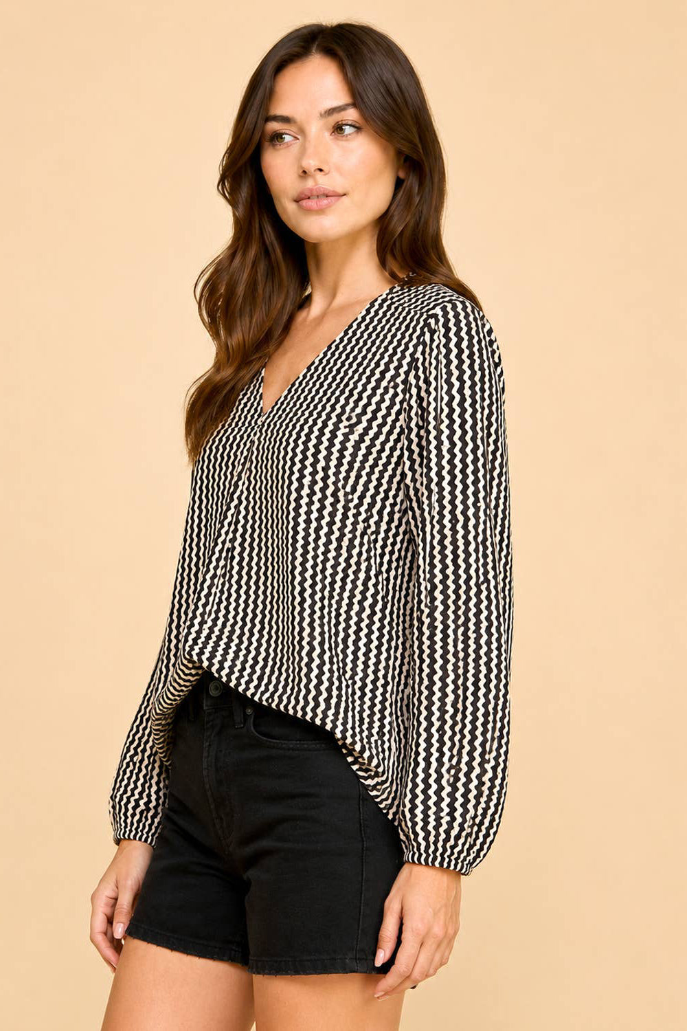 Printed Zigzag Long Sleeve Flowy V-Neck Blouse