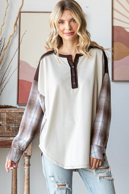 Cream Plaid Sleeve Henley Top