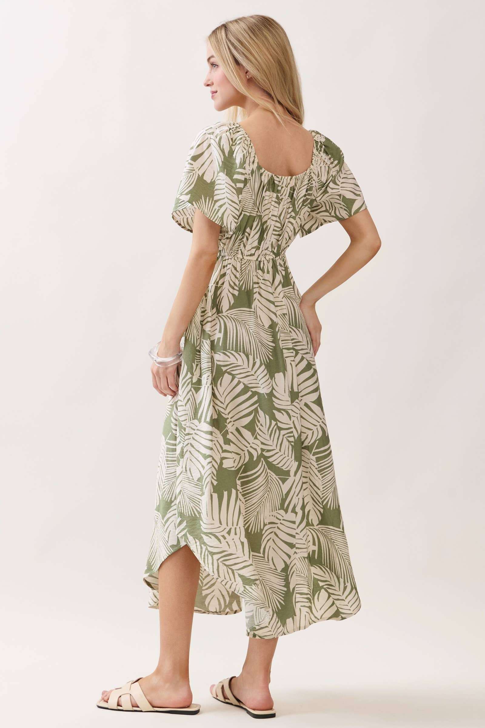 Tropical Leaf Rouched Midi Dress