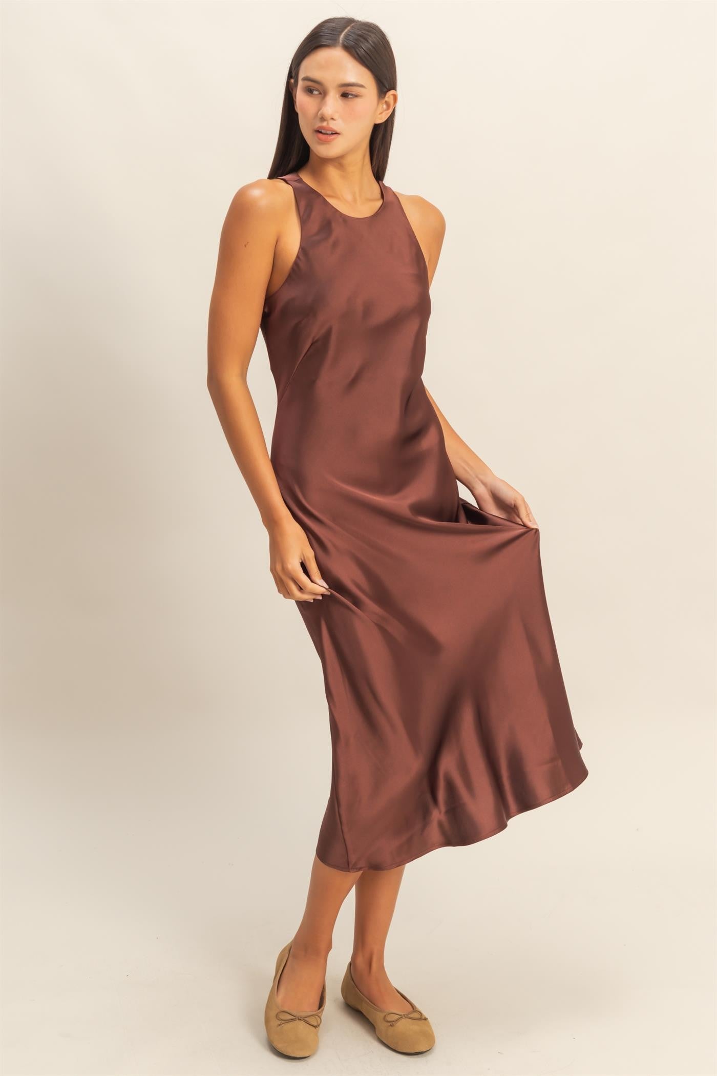 Chestnut High Neck Satin Slip Dress