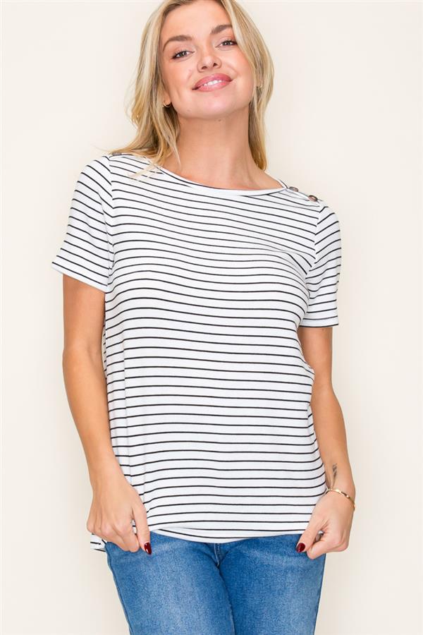 Ivory Stripe Button Shoulder Tee