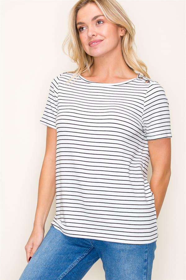 Ivory Stripe Button Shoulder Tee