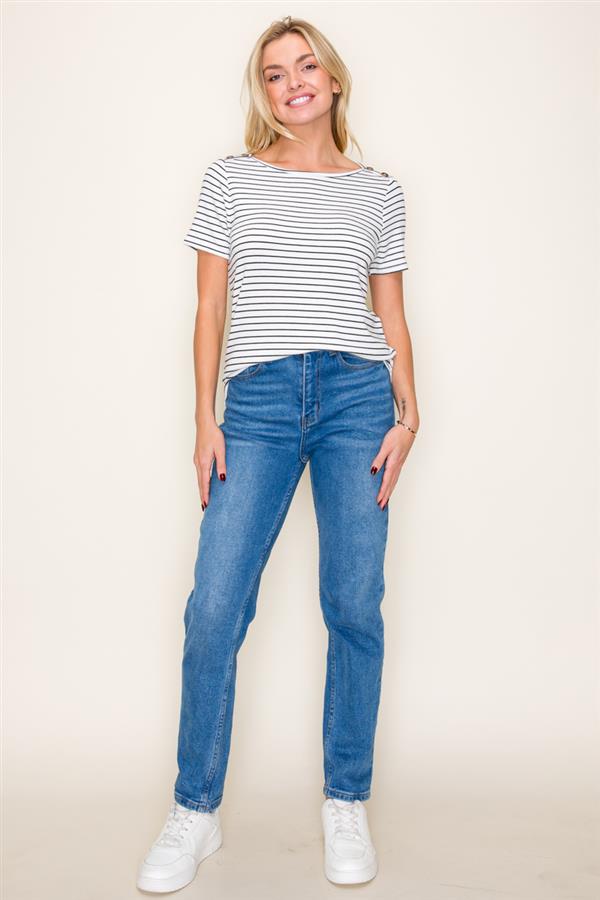 Ivory Stripe Button Shoulder Tee