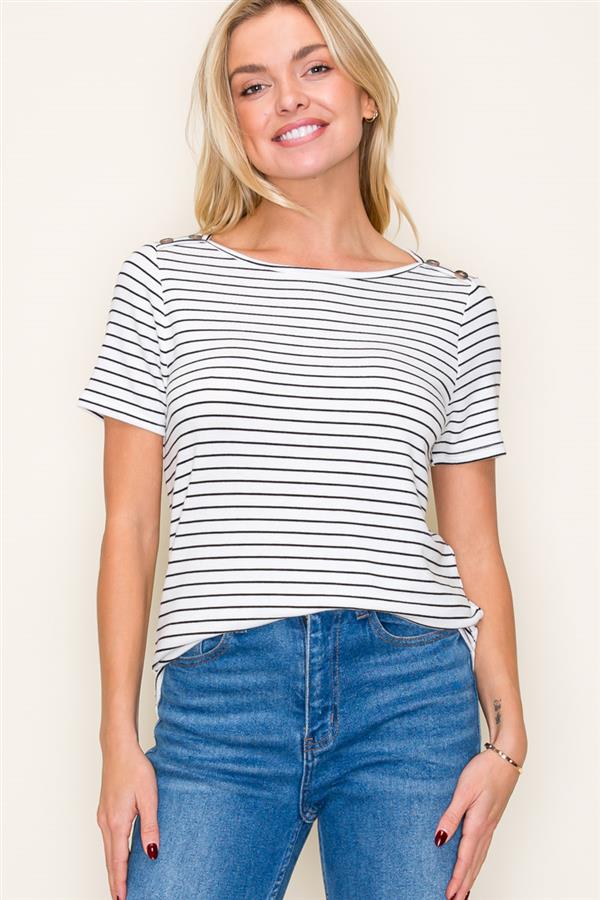 Ivory Stripe Button Shoulder Tee