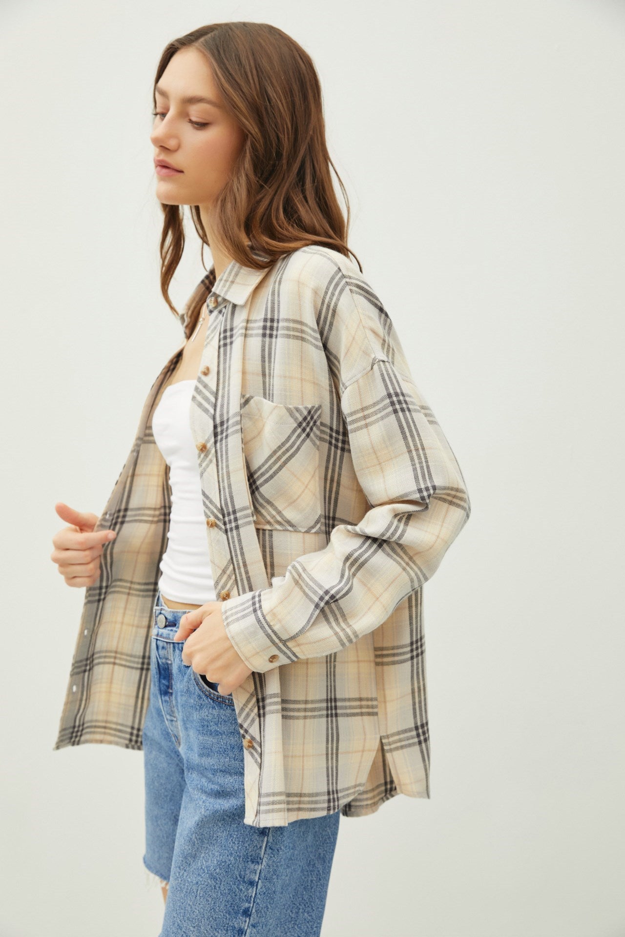 Grey Plaid Flannel Button Up