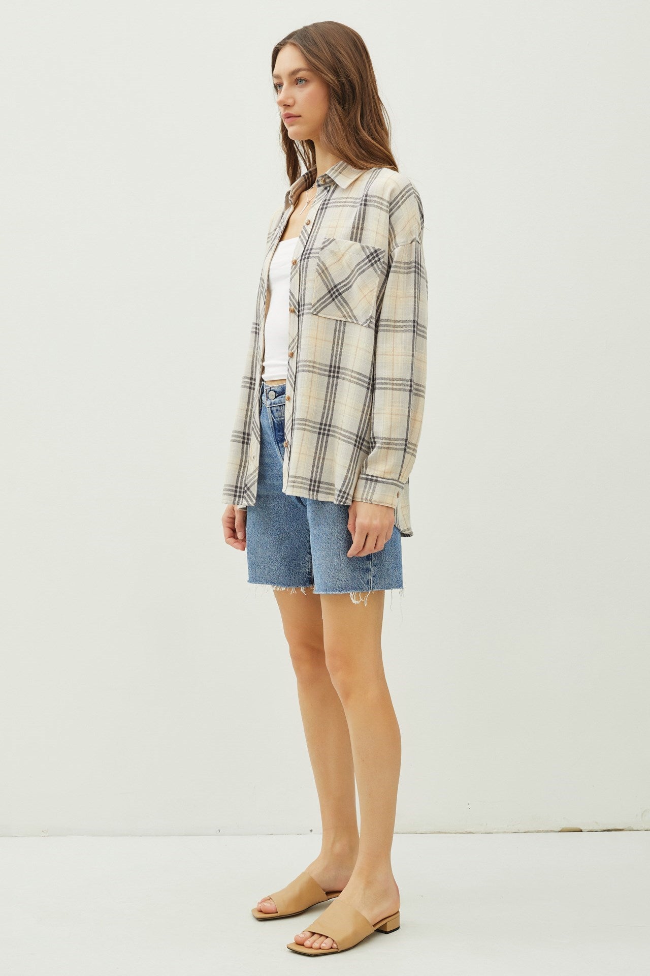 Grey Plaid Flannel Button Up