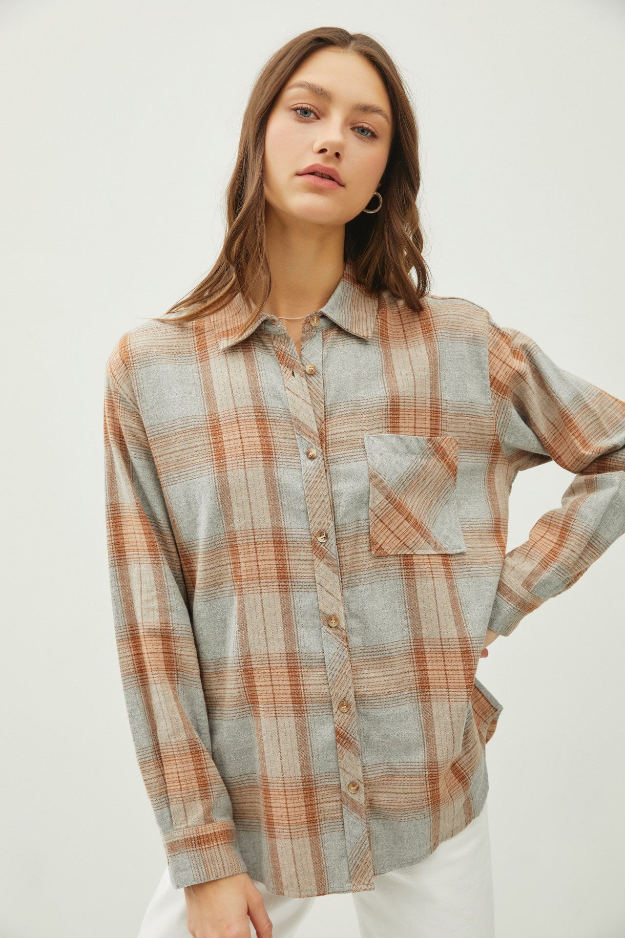 Caramel Plaid Flannel Button Up