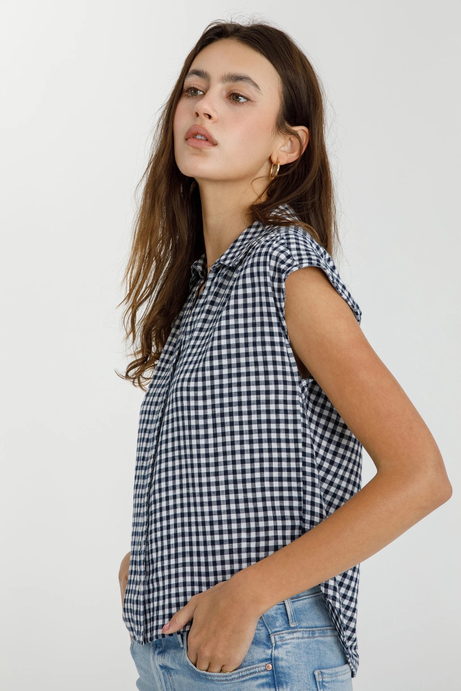 Navy Gingham Cap Sleeve Button Up