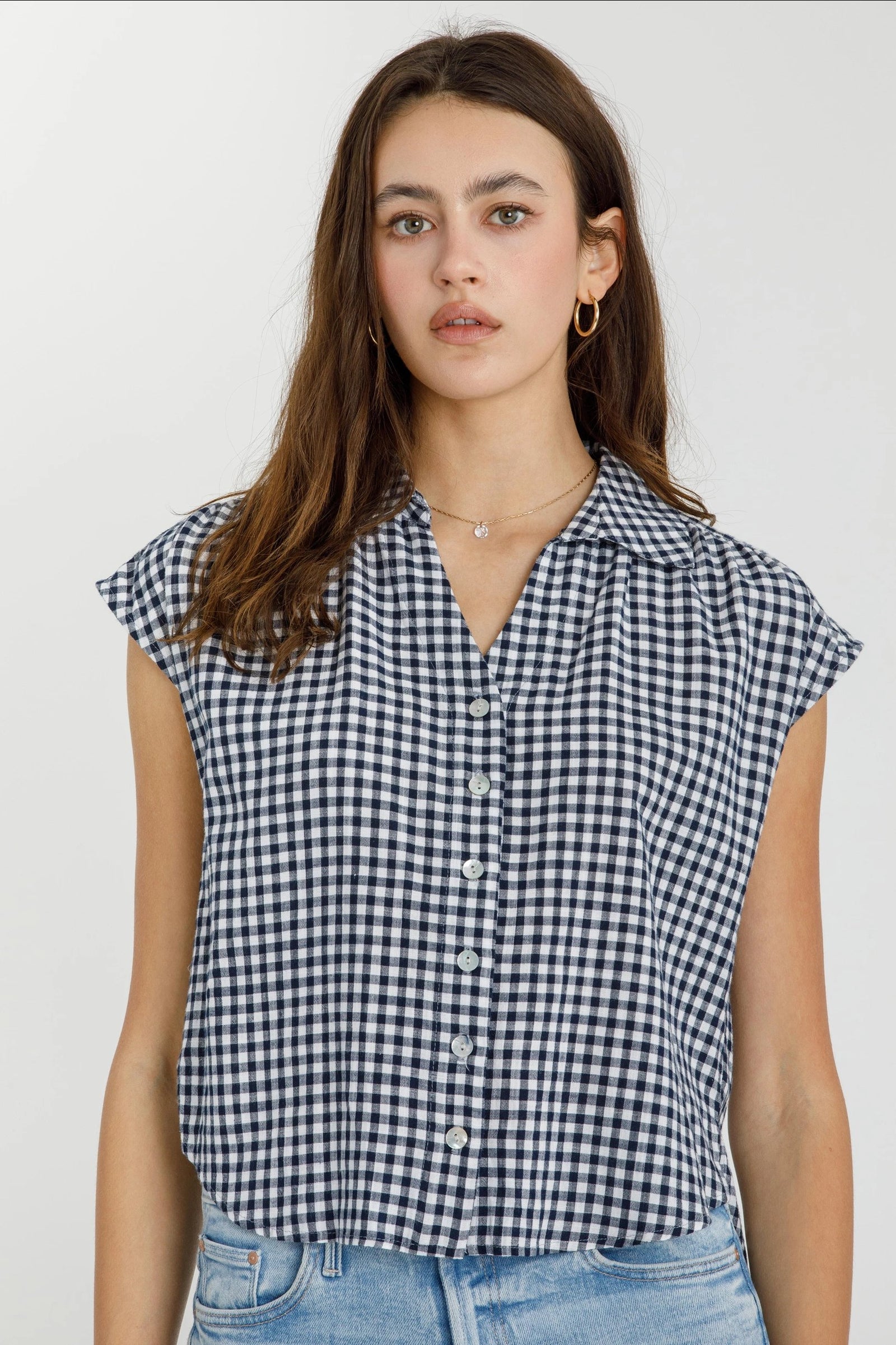 Navy Gingham Cap Sleeve Button Up