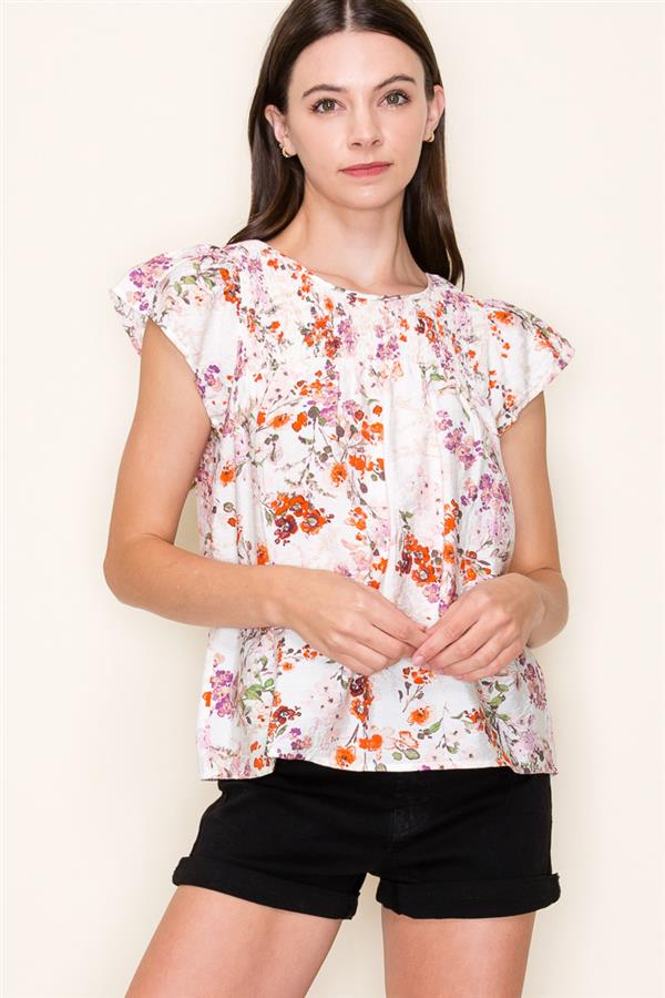 Pink Floral Flutter Sleeve Blouse