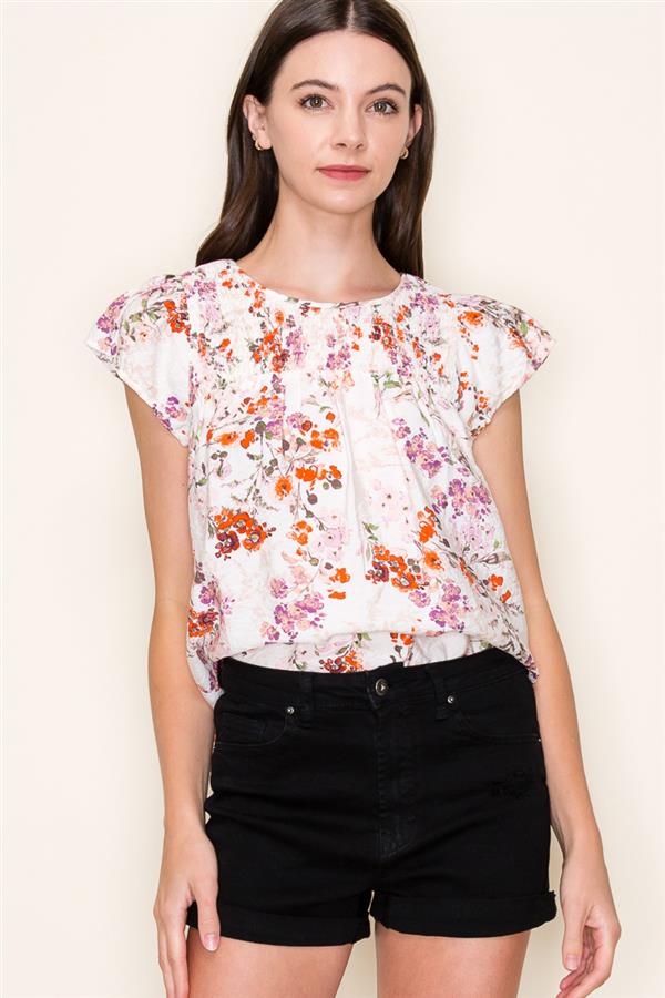 Pink Floral Flutter Sleeve Blouse