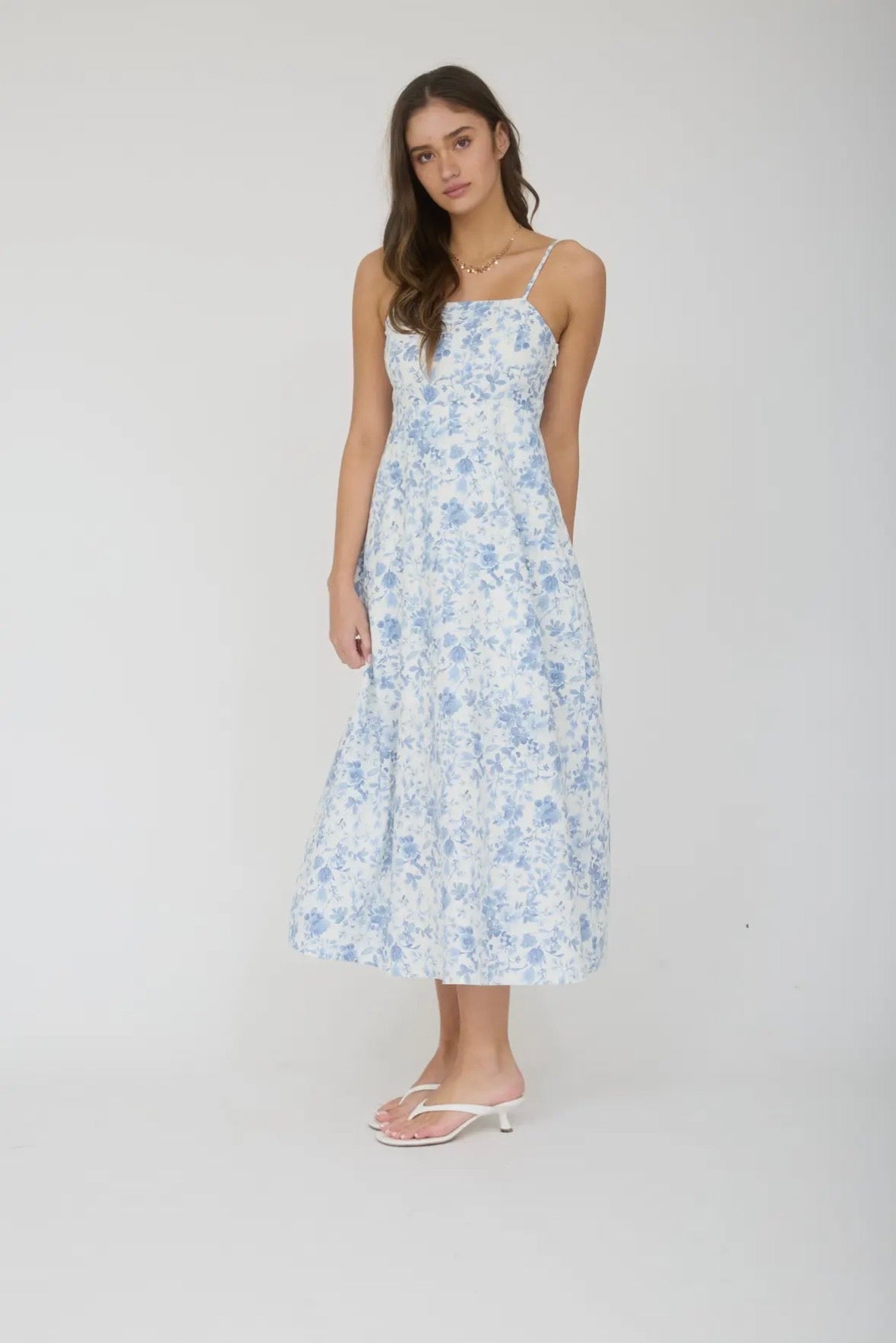 Blue Watercolor Floral Mid Dress