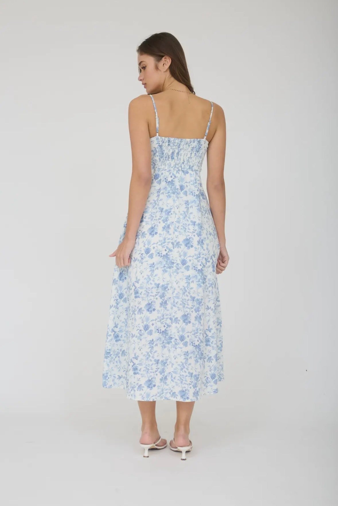 Blue Watercolor Floral Mid Dress