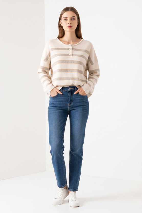 Henley Cream Button Stripe Sweater