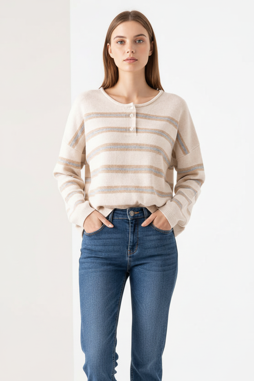 Henley Cream Button Stripe Sweater