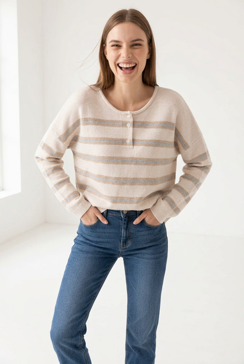Henley Cream Button Stripe Sweater
