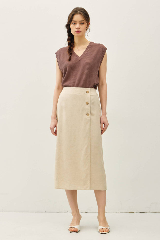 Linen Wrap Wood Button Midi Skirt