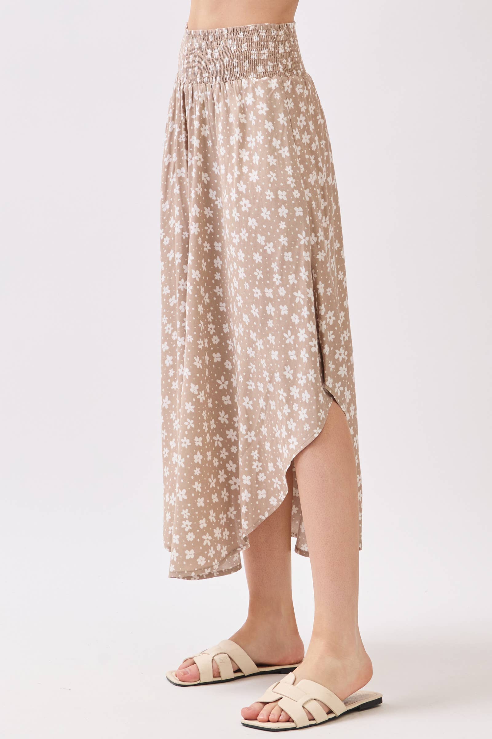 Natural Floral Smocked Waist Maxi Skirt