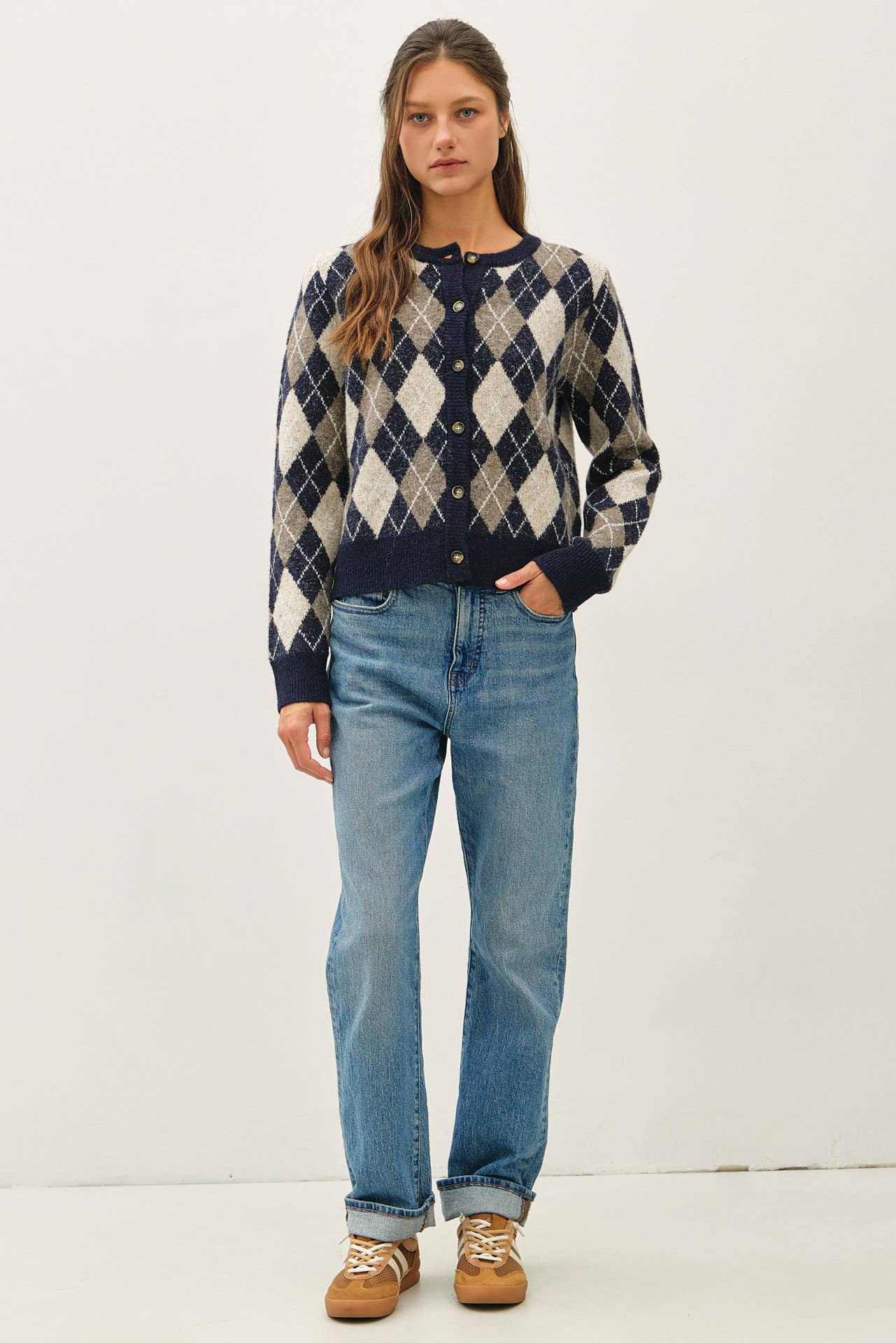 Argyle Wool Blend Button Cardigan