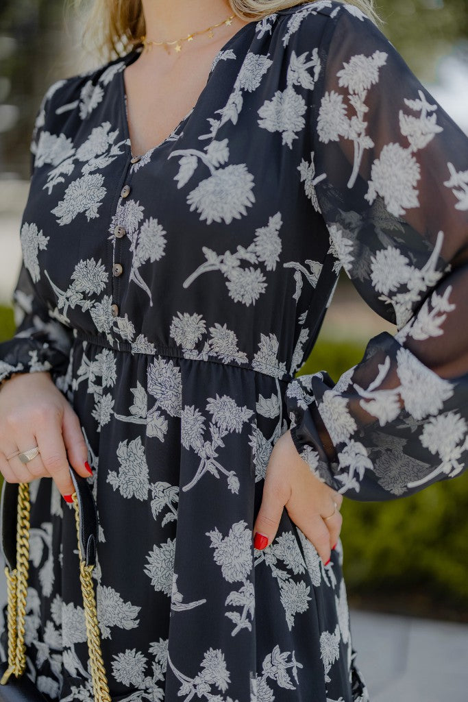 Black Floral Button Dress