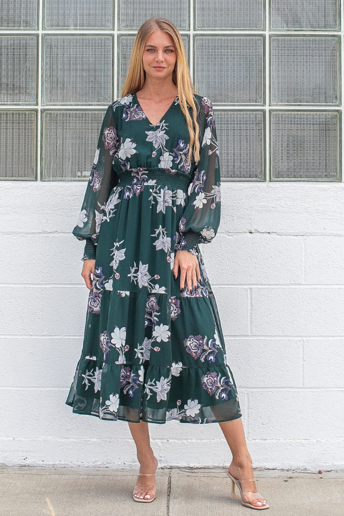 Hunter Green Floral Midi Dress