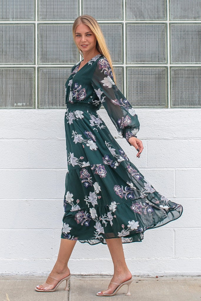 Hunter Green Floral Midi Dress