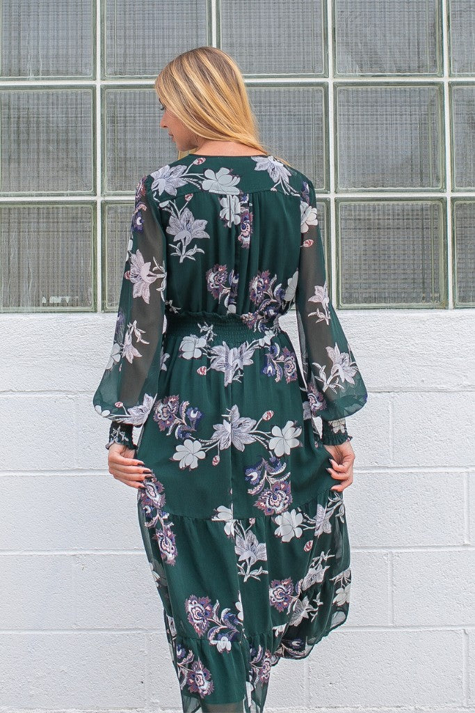 Hunter Green Floral Midi Dress