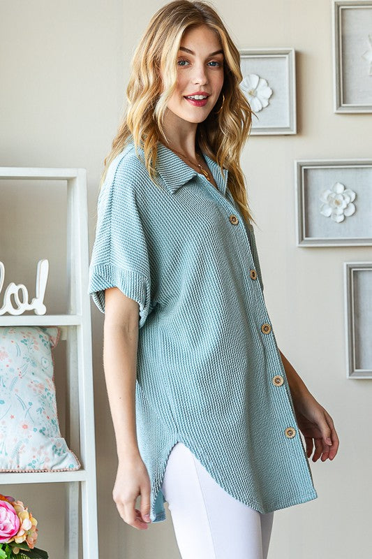 Sage Ribbed Button Up Top