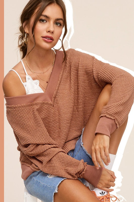 Waffle Deep V-Neck Top