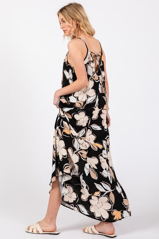Black Bold Floral Pocket Maxi Dress