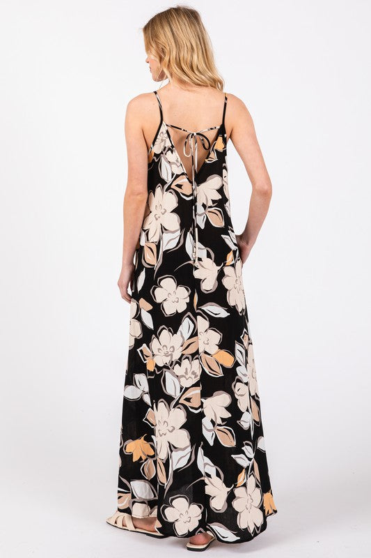 Black Bold Floral Pocket Maxi Dress